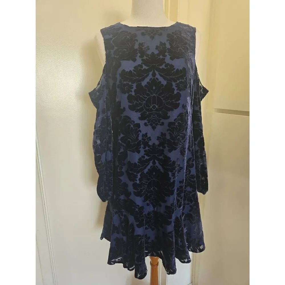 Eliza J Dark Navy.Velvet Burnout Cold Shoulder Dress with Long Sleeves.
